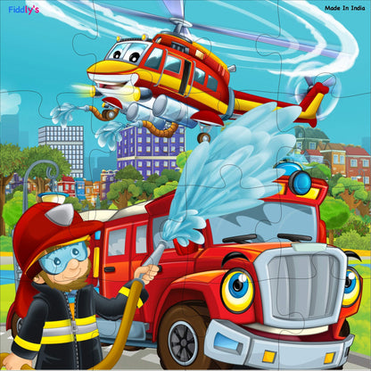 Fiddlys Fiddly's 16-Piece Wooden Jigsaw Puzzles for Kids Ages 3+, Double Layered Wooden Puzzles with Bright Front & Back Print (Pack of 2 - Fireman & Policeman)