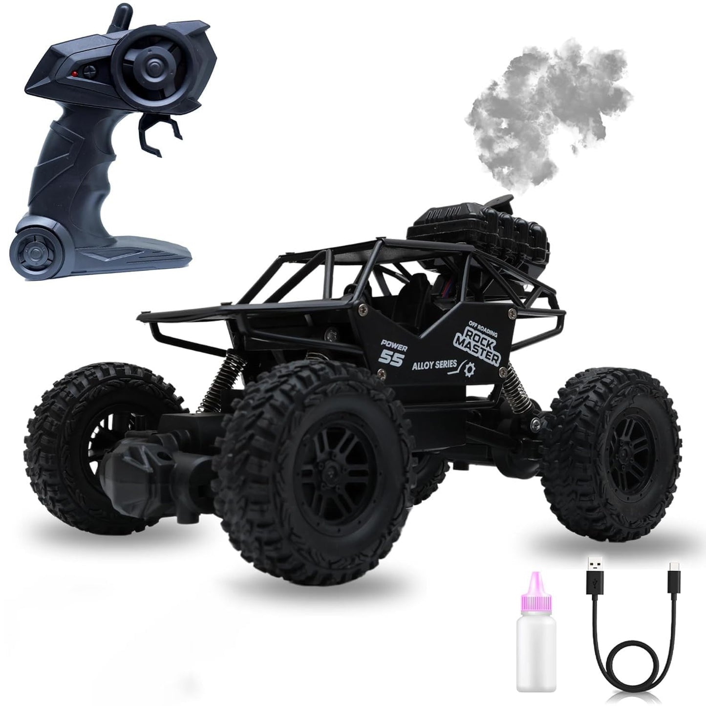 The Flyers Bay Rock Master Remote Control Car with Smoke | 2WD Monster Truck Rock Crawler for Kids | 2.4 GHz RC, Off-Road Suspension, LED Smoke Effect | Rechargeable C-Type Charging