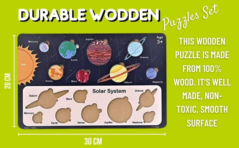 Fiddlys Solar System Wooden Puzzle for Kids & Children Age 4+ Learning Educational Double Layered Wooden Puzzles with Bright Front & Back Print
