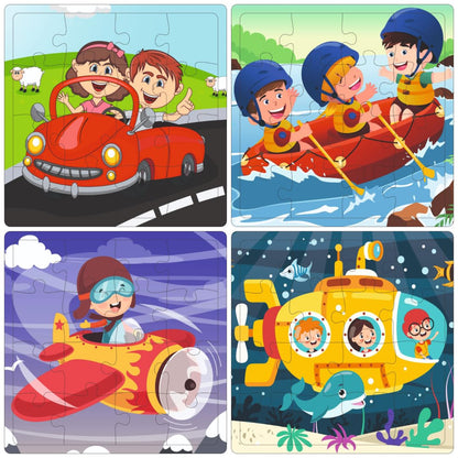 Fiddly's 16-Piece Wooden Jigsaw Puzzles for Kids Ages 3+, Double Layered Wooden Puzzles with Bright Front & Back Print