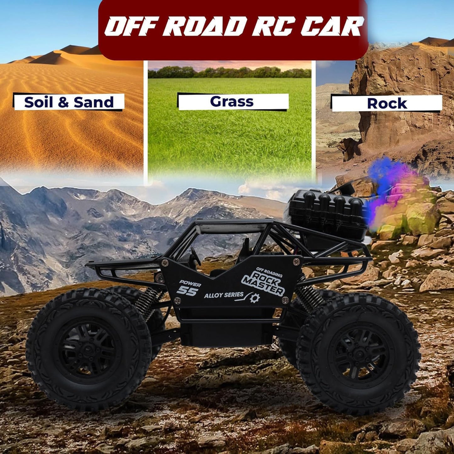 The Flyers Bay Rock Master Remote Control Car with Smoke | 2WD Monster Truck Rock Crawler for Kids | 2.4 GHz RC, Off-Road Suspension, LED Smoke Effect | Rechargeable C-Type Charging