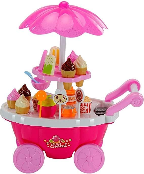 Crusty Plastic Ice Cream Sweet Cart Role Play Toy Set for Baby Girls, Pink