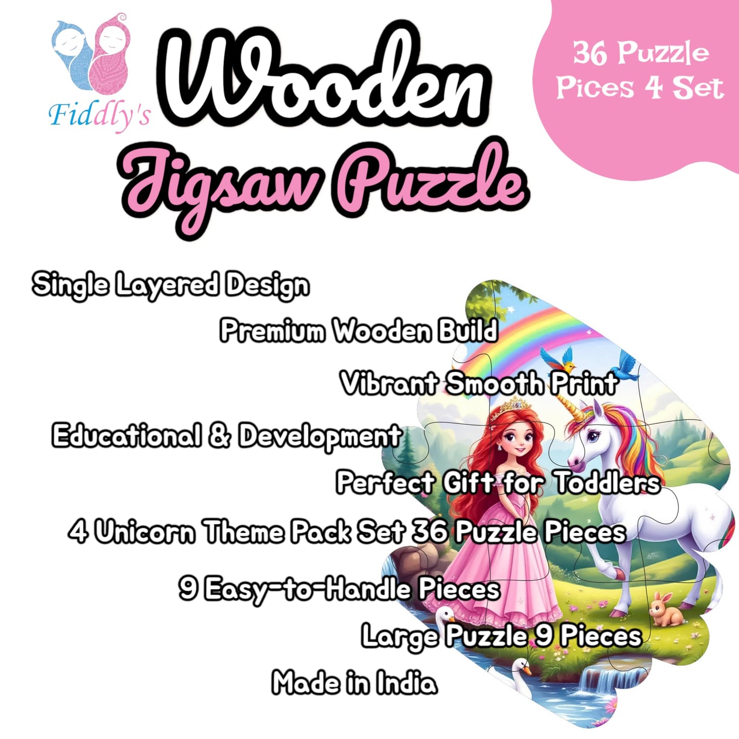 Fiddlys Single Layered Wooden Jigsaw Puzzle Games for Children & Kids -9 Pieces Age 2 3 4 5 6 Year Old Years Old Girls & Boys Animals Jigsaw Puzzle