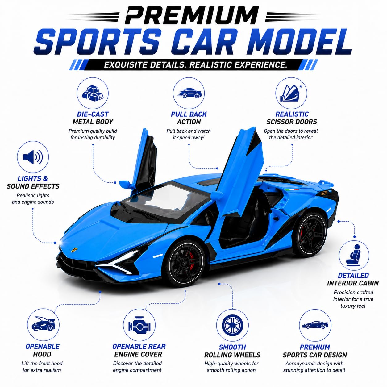The Flyers Bay 1:32 Scale DieCast Metal Pull-Back Action Openable Doors Light and Music Lamborghini Premium Car Toy for Kids Realistic Miniature Model Gift 2+yrs Girls Boys