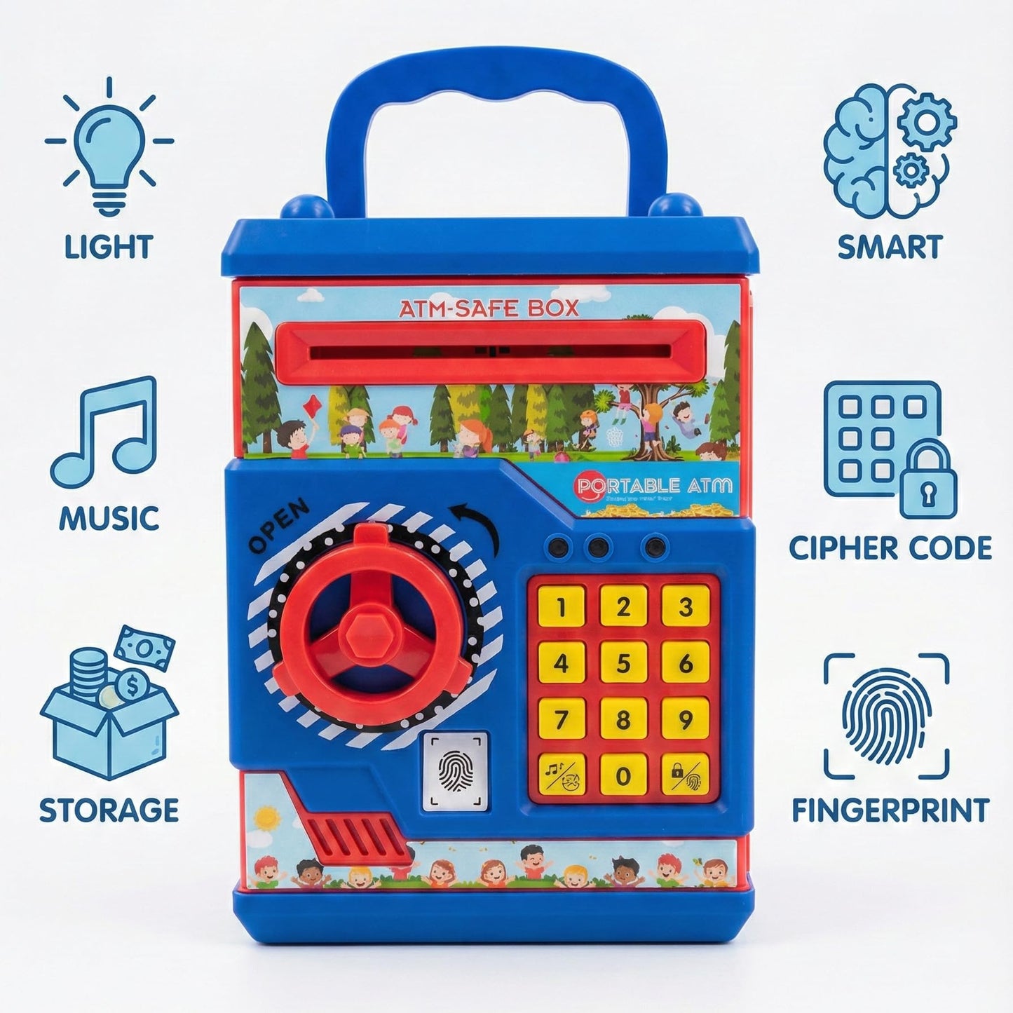 The Flyers Bay Electronic Money Bank & Portable ATM for Kids – Digital Piggy Bank Safe with Simulated Fingerprint Sensor, Password Protection, Lights & Music – Educational Coin & Cash Storage Toy