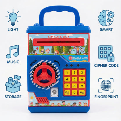 The Flyers Bay Electronic Money Bank & Portable ATM for Kids – Digital Piggy Bank Safe with Simulated Fingerprint Sensor, Password Protection, Lights & Music – Educational Coin & Cash Storage Toy