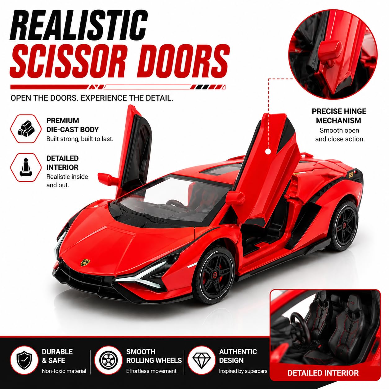The Flyers Bay 1:32 Scale DieCast Metal Pull-Back Action Openable Doors Light and Music Lamborghini Premium Car Toy for Kids Realistic Miniature Model Gift 2+yrs Girls Boys