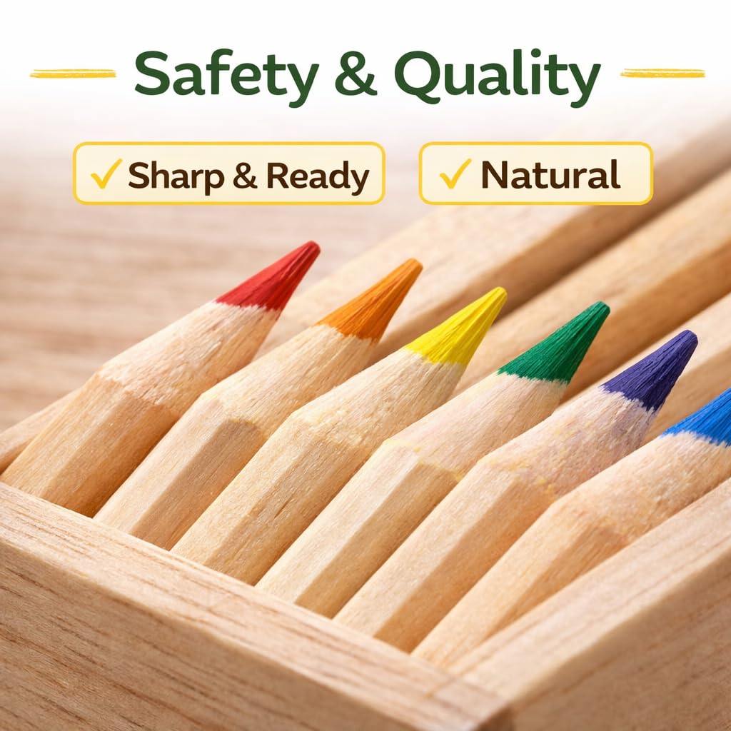 Fiddlys Wooden Pencil Set with Box | 12 Assorted Colour Crayon Pencils, Sharpener & Scale | Premium Eco-Friendly Wooden Pencil Case for Kids, Students, Artists & Architects