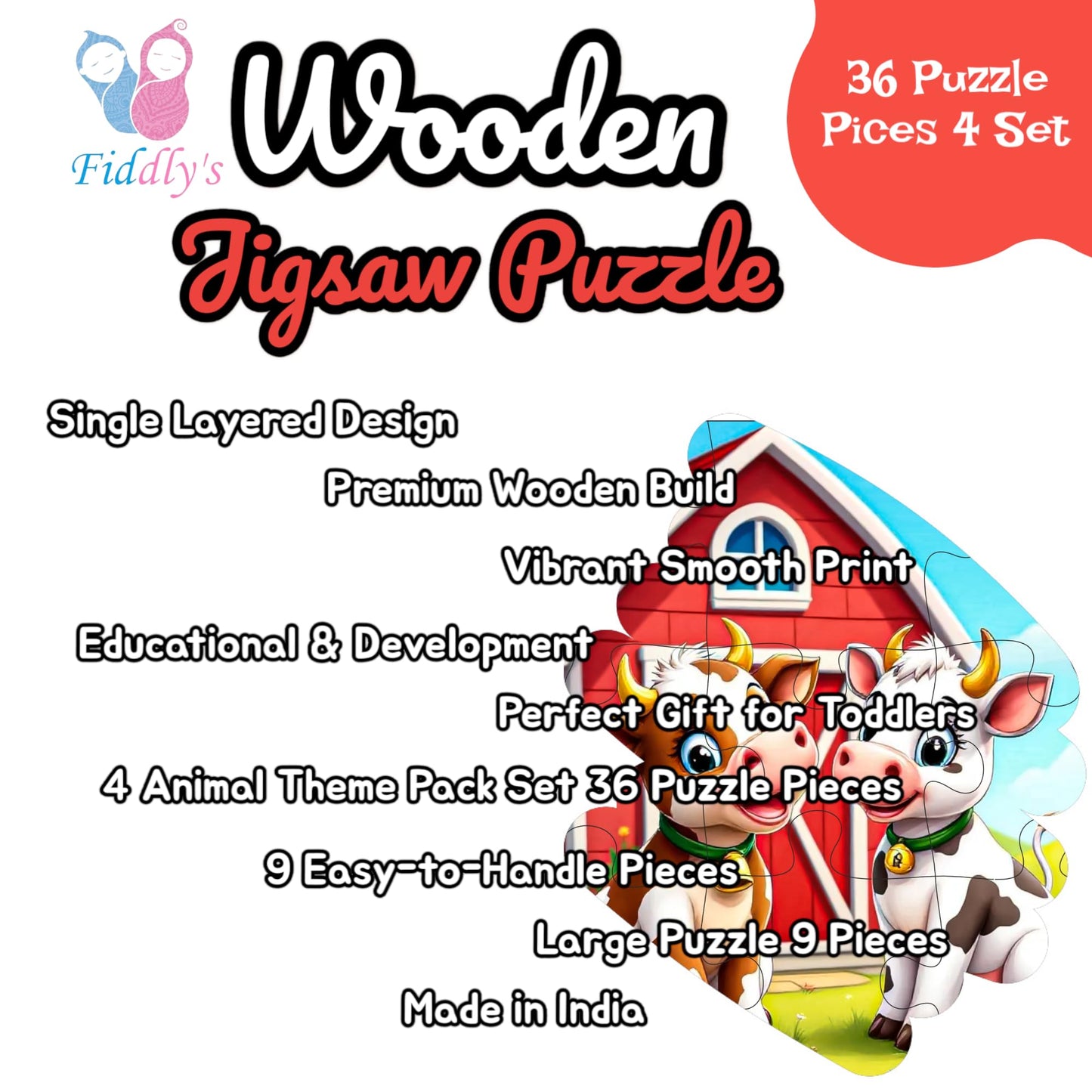 Fiddlys Single Layered Wooden Jigsaw Puzzle Games for Children & Kids -9 Pieces Age 2 3 4 5 6 Year Old Years Old Girls & Boys Animals Jigsaw Puzzle