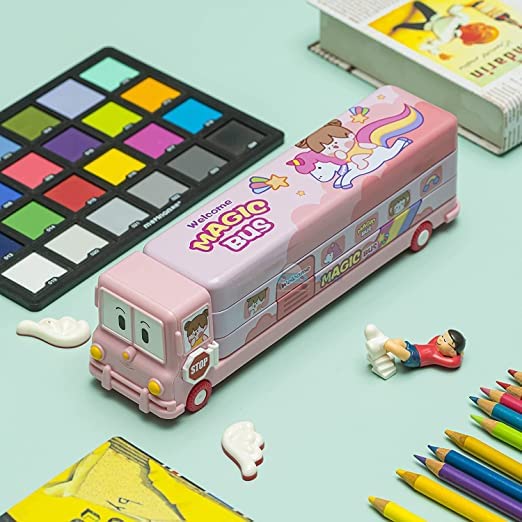 Fiddlys Stylish School Bus Geometry Box with Wheel for Kids 3+ Years (Pink)