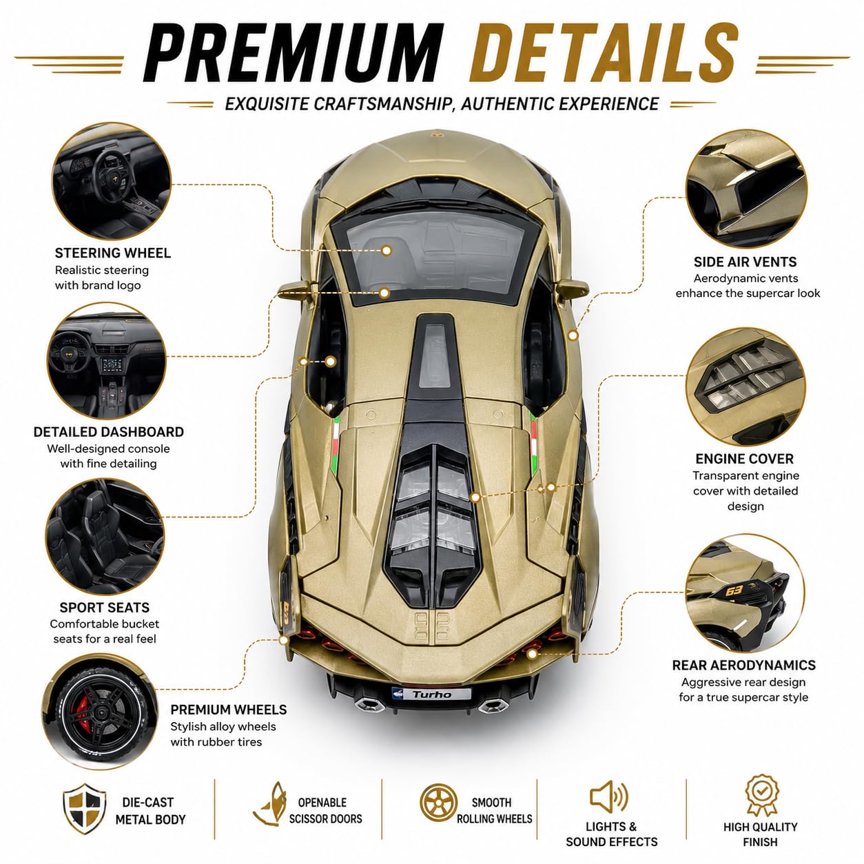 The Flyers Bay 1:32 Scale DieCast Metal Pull-Back Action Openable Doors Light and Music Lamborghini Premium Car Toy for Kids Realistic Miniature Model Gift 2+yrs Girls Boys