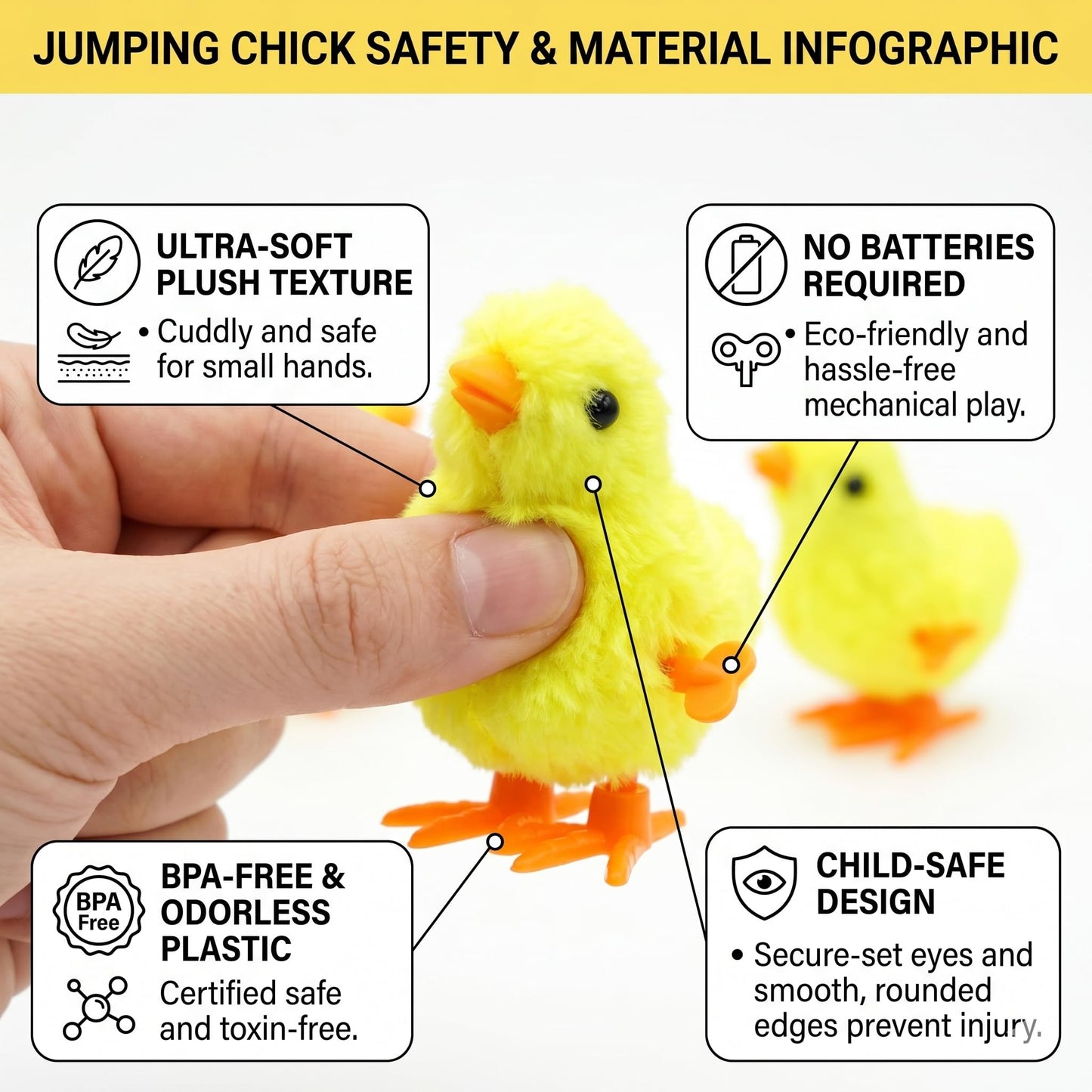 Fiddlys Pack of 4 Jumping Chick Wind-Up Toys – Cute Hopping Chickens for Kids, Easter Gifts & Party Favors – No Batteries, Fun & Safe Mini Toys(Jumping Chicks)
