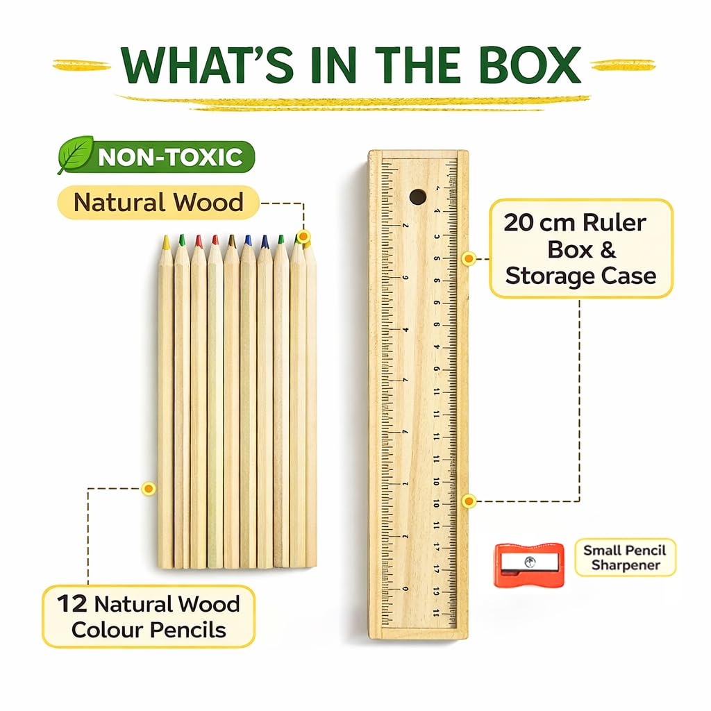 Fiddlys Wooden Pencil Set with Box | 12 Assorted Colour Crayon Pencils, Sharpener & Scale | Premium Eco-Friendly Wooden Pencil Case for Kids, Students, Artists & Architects
