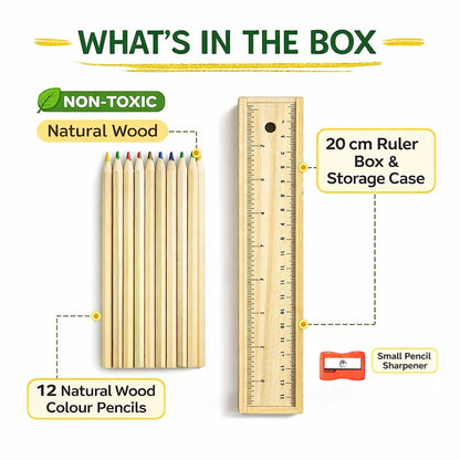 Fiddlys Wooden Pencil Set with Box | 12 Assorted Colour Crayon Pencils, Sharpener & Scale | Premium Eco-Friendly Wooden Pencil Case for Kids, Students, Artists & Architects