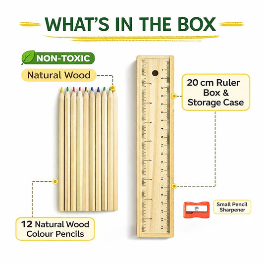 Fiddlys Wooden Pencil Set with Box | 12 Assorted Colour Crayon Pencils, Sharpener & Scale | Premium Eco-Friendly Wooden Pencil Case for Kids, Students, Artists & Architects