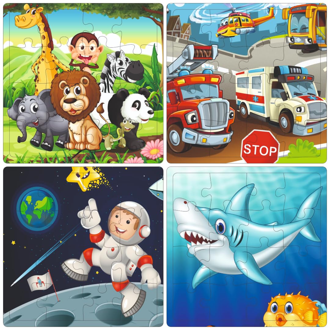 Fiddly's 16-Piece Wooden Jigsaw Puzzles for Kids Ages 3+, Double Layered Wooden Puzzles with Bright Front & Back Print