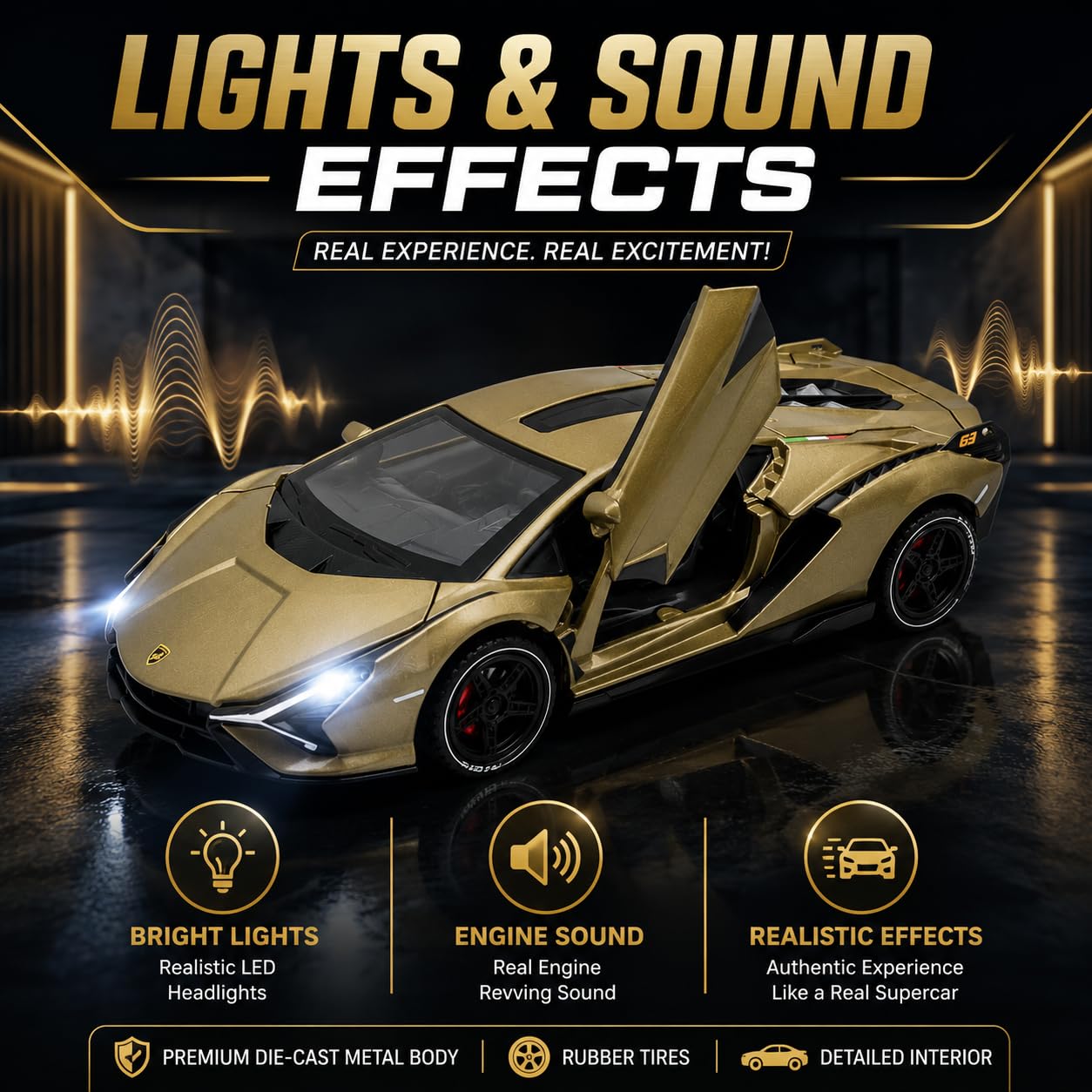 The Flyers Bay 1:32 Scale DieCast Metal Pull-Back Action Openable Doors Light and Music Lamborghini Premium Car Toy for Kids Realistic Miniature Model Gift 2+yrs Girls Boys