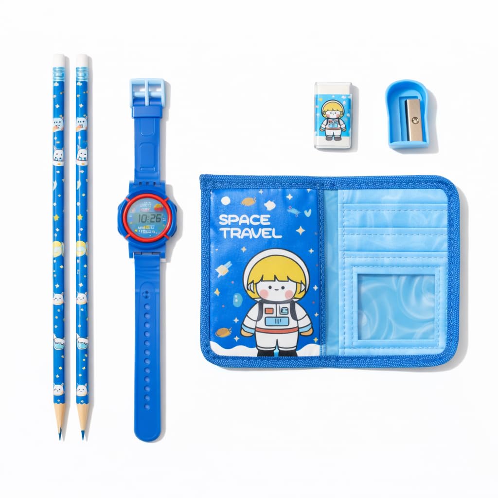 Fiddlys Kids Stationery Gift Set with Watch & Pouch | Cute Travel Kit for Boys & Girls | Pencil, Eraser, Sharpener, Wallet Combo