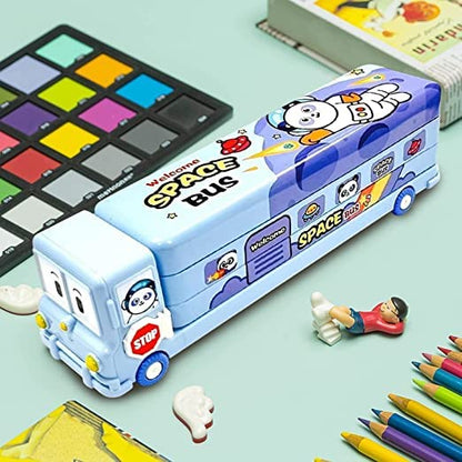 Fiddlys Stylish School Bus Geometry Box with Wheel for Kids 3+ Years (Blue)