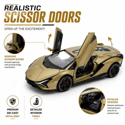 The Flyers Bay 1:32 Scale DieCast Metal Pull-Back Action Openable Doors Light and Music Lamborghini Premium Car Toy for Kids Realistic Miniature Model Gift 2+yrs Girls Boys