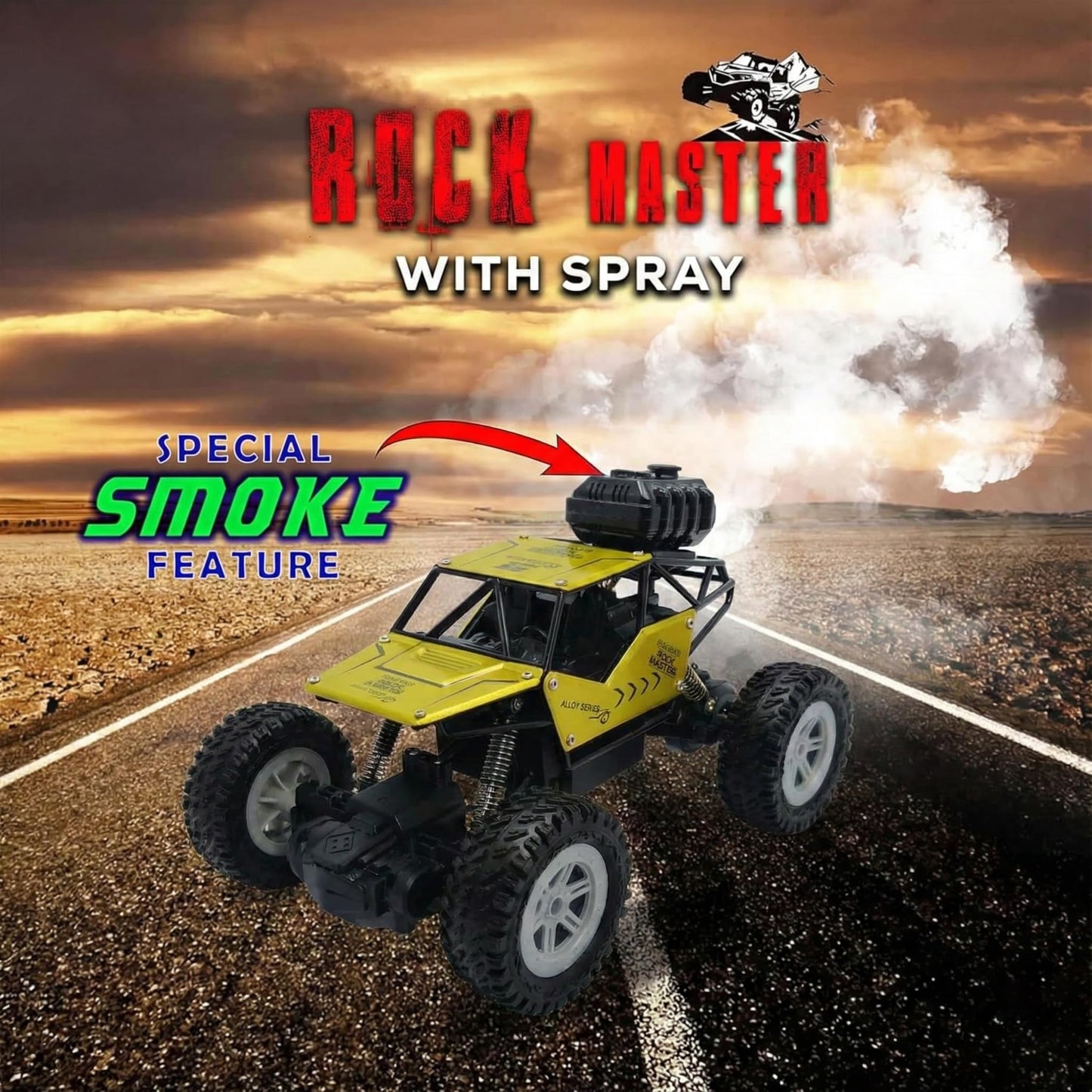 The Flyers Bay Rock Master Remote Control Car with Smoke | 2WD Monster Truck Rock Crawler for Kids | 2.4 GHz RC, Off-Road Suspension, LED Smoke Effect | Rechargeable C-Type Charging