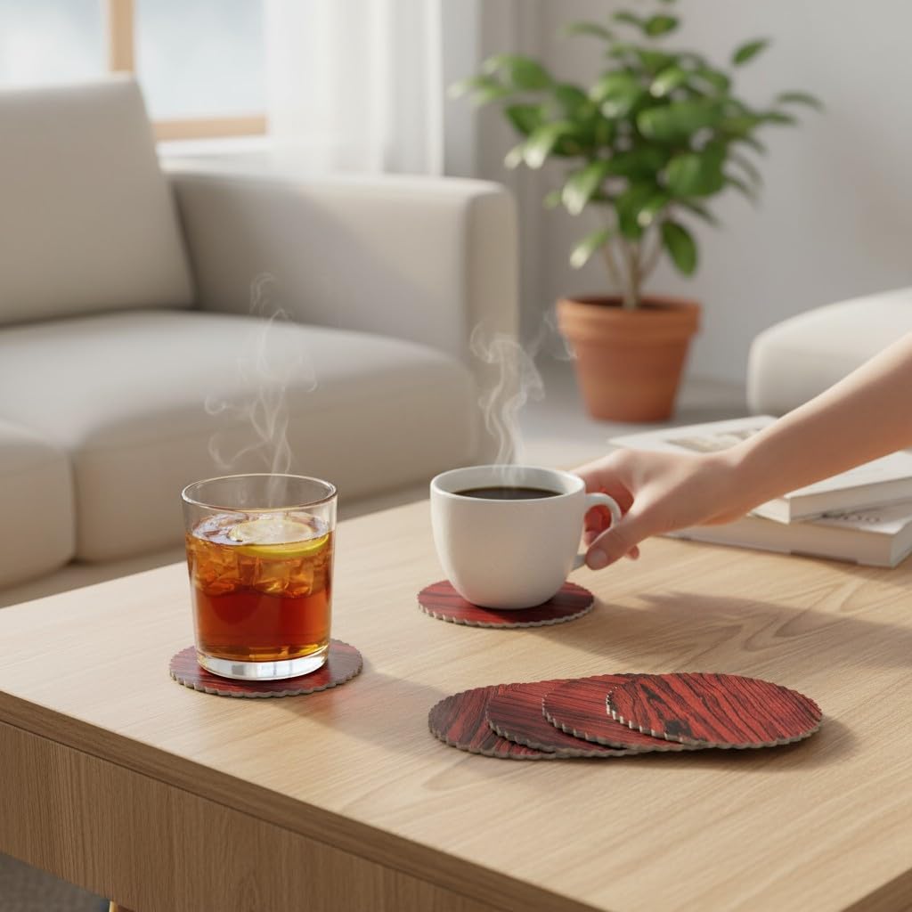 Fiddlys Wooden Coaster Set of 6 | Beautiful Decorative Coaster for Tea & Coffee Cups, Mugs & Glasses | Elegant Table Décor & Gift Set | Eco-Friendly Wooden Coasters