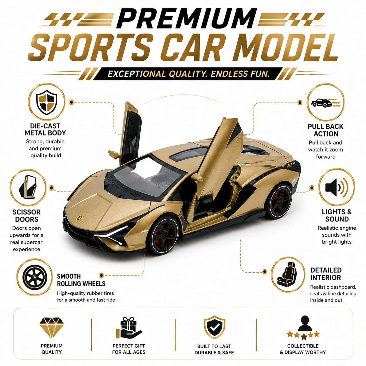 The Flyers Bay 1:32 Scale DieCast Metal Pull-Back Action Openable Doors Light and Music Lamborghini Premium Car Toy for Kids Realistic Miniature Model Gift 2+yrs Girls Boys