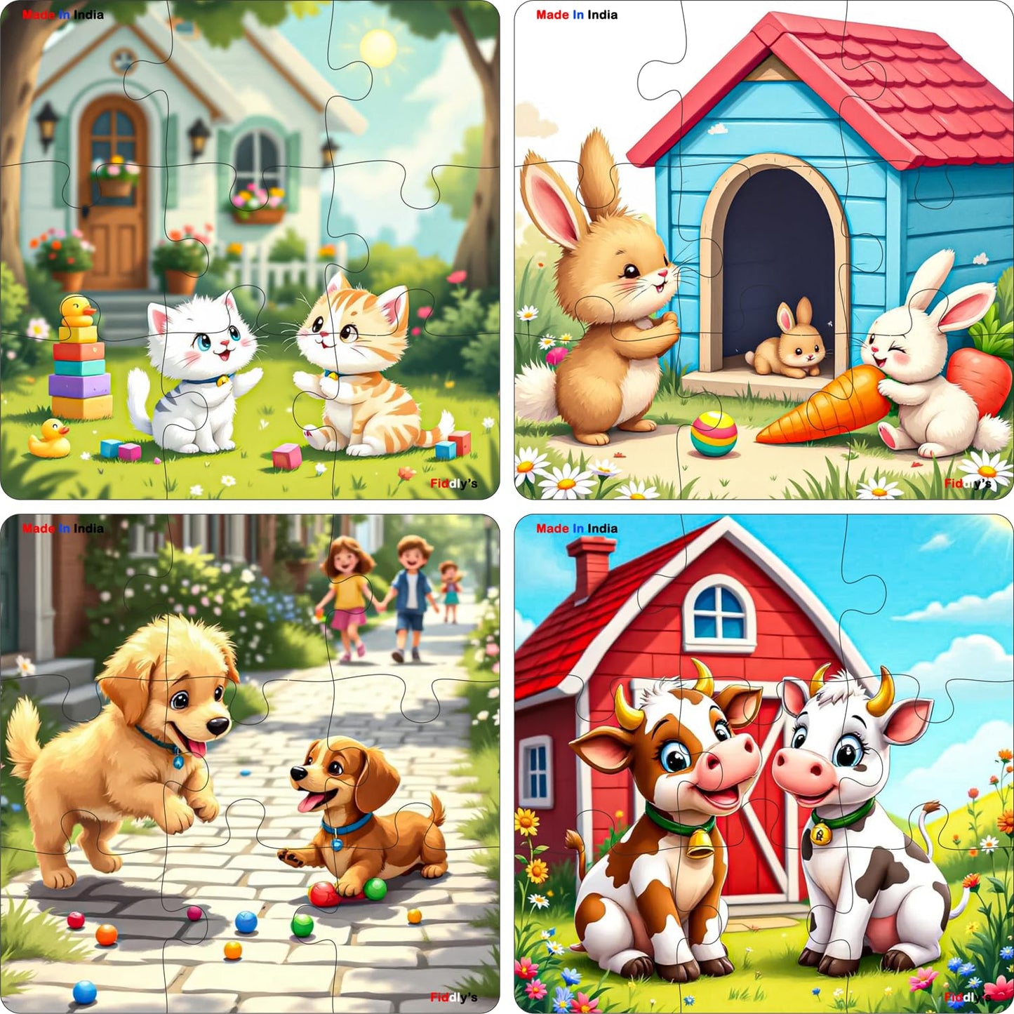 Fiddlys Single Layered Wooden Jigsaw Puzzle Games for Children & Kids -9 Pieces Age 2 3 4 5 6 Year Old Years Old Girls & Boys Animals Jigsaw Puzzle
