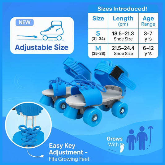 Fiddlys Adjustable Roller Skates for Kids 4-12 Years | Beginner Skating Shoes with Front Brake | Durable Polyurethane Wheels | Unisex Quad Skates for Boys & Girls | Indoor & Outdoor Skating