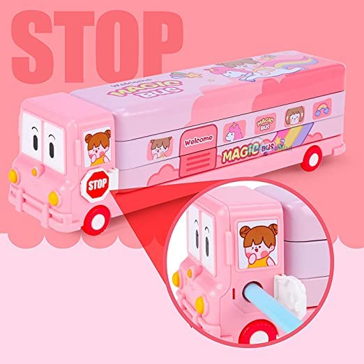 Fiddlys Stylish School Bus Geometry Box with Wheel for Kids 3+ Years (Pink)