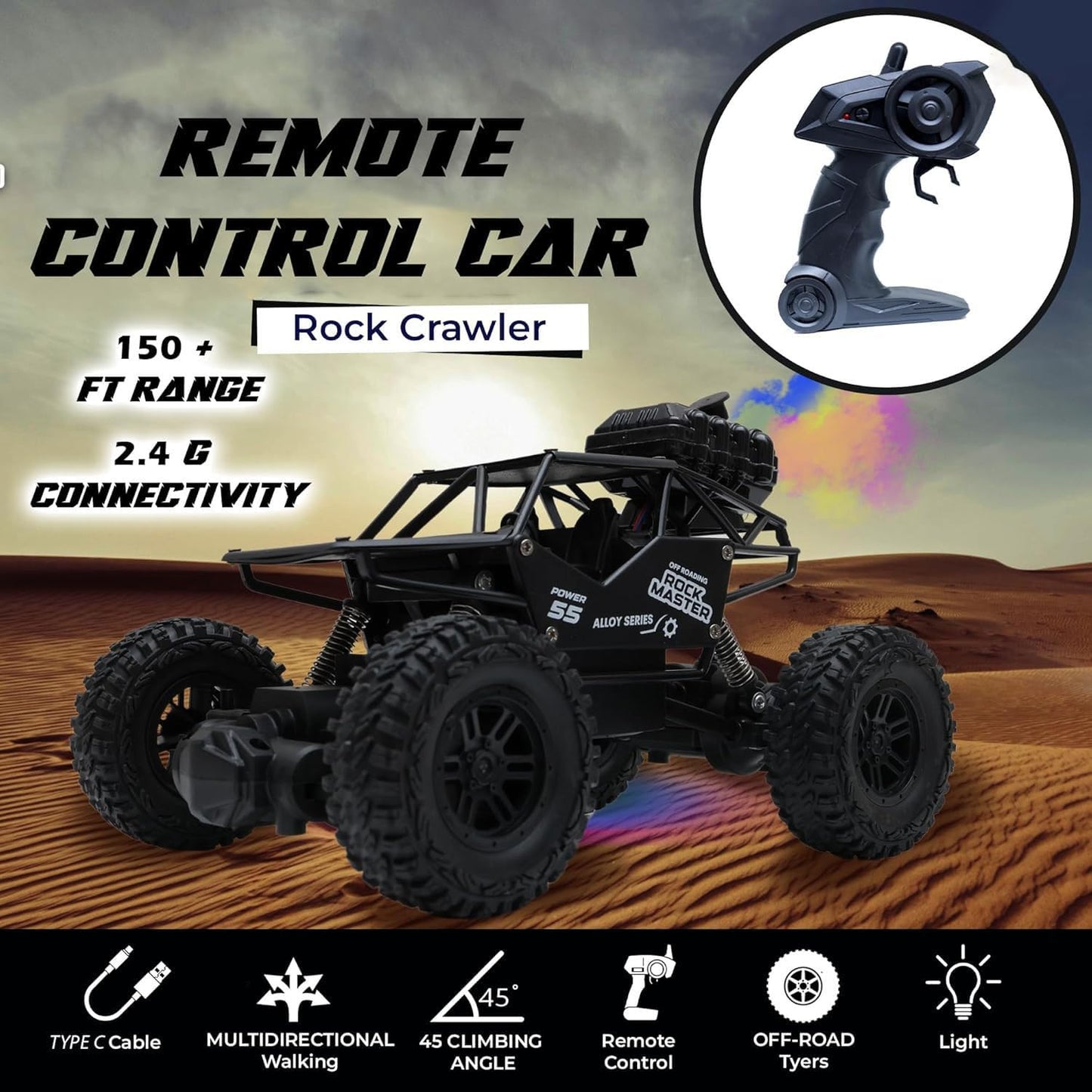 The Flyers Bay Rock Master Remote Control Car with Smoke | 2WD Monster Truck Rock Crawler for Kids | 2.4 GHz RC, Off-Road Suspension, LED Smoke Effect | Rechargeable C-Type Charging