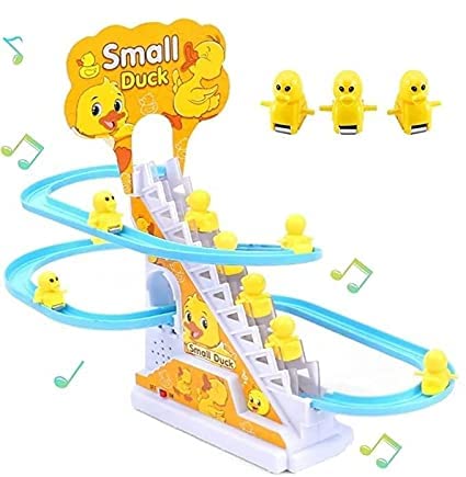 Fiddlys Happy Time Duck Slide Toy Set, Funny Automatic Stair-Climbing Ducklings Cartoon Race Track Set Little Lovely Slide Toy Escalator with Lights and Music for Kids & Children 3+ (Duck 3 Pcs)