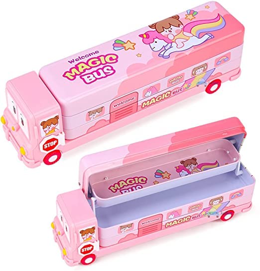 Fiddlys Stylish School Bus Geometry Box with Wheel for Kids 3+ Years (Pink)