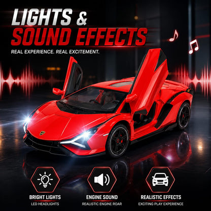 The Flyers Bay 1:32 Scale DieCast Metal Pull-Back Action Openable Doors Light and Music Lamborghini Premium Car Toy for Kids Realistic Miniature Model Gift 2+yrs Girls Boys