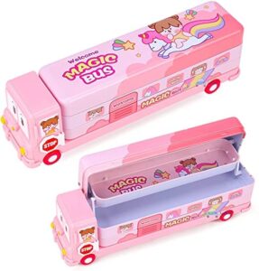 Fiddlys Stylish School Bus Geometry Box with Wheel for Kids 3+ Years (Pink) product photo