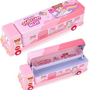 Fiddlys Stylish School Bus Geometry Box with Wheel for Kids 3+ Years (Pink)