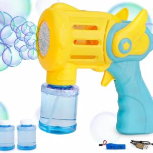 The Flyers Bay Rechargeable Bubble Gun Toy for Kids | Automatic Bubble Maker with 2 Bubble Solution Bottles | Bubble Blower Machine for Outdoor Fun | Toy for Boys & Girls | (Yellow)