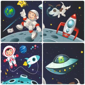 Fiddlys Fiddly's 16-Piece Wooden Jigsaw Puzzles for Kids Ages 3+, Double Layered Wooden Puzzles with Bright Front & Back Print (Space World Pack of 4)