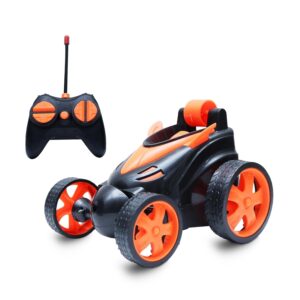 The Flyers Bay Unbreakable Rechargeable 360° Rotating & Rolling Small Stunt Car Toy with USB Cable & Remote Controller | Red Color, Power Source: Lithium Battery in Car (Included) (Orange)
