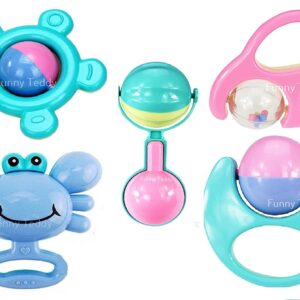 Fiddlys Infant and Toddlers Bright and Colorful 5 Piece Baby Musical Rattle Playset - BPA Free, 100% Safe & Non-Toxic