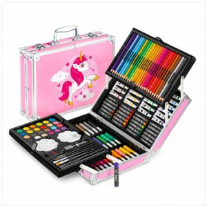Fiddlys 145 Pcs Kids Art Set Unicorn & Space Theme | Colour Pencils, Oil Pastels, Paint Brushes | Drawing & Craft Kit for Boys & Girls | Gift Set for Kids (Unicorn-Pink)