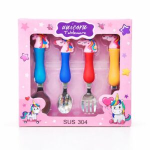 Fiddlys Unicorn Baby Spoon and Fork Set for Kids | Stainless Steel 304 Toddler Cutlery | Safe Rounded Edges, Easy Grip Handles | Feeding Tableware for Boys & Girls