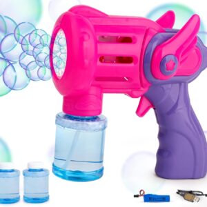 The Flyers Bay Rechargeable Bubble Gun Toy for Kids | Automatic Bubble Maker with 2 Bubble Solution Bottles | Bubble Blower Machine for Outdoor Fun | Toy for Boys & Girls | (Pink)