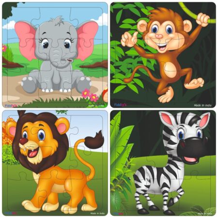 Fiddlys Wooden Jigsaw Puzzles for Kids & Children – 9 Pieces Each, Pack of 4|Double Layered Front & Back Print| Educational product photo