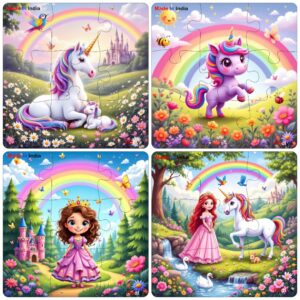 Fiddlys Single Layered Wooden Jigsaw Puzzle Games for Children & Kids - 9 Pieces Age 3 4 5 6 Years Old Girls & Boys Animals Jigsaw Puzzle (Pack of 4 Unicorn & Princess)