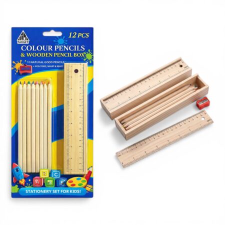 Fiddlys Wooden Pencil Set with Box – 12 Colour Pencils, Sharpener & Scale product photo