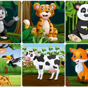 Fiddlys Wooden Jigsaw Puzzles for Kids & Children – 9 Pieces Each, Pack of 6|Double Layered Front & Back Print| Educational Toy for Boys & Girls Age 2 3 4 5 6 Year Old (Wild & Pets Animal)