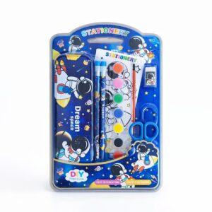 Fiddlys Kids Stationery Set with Metal Pencil Box | 3-in-1 DIY Kit Drawing Painting Writing | Cute Panda & Unicorn Design | Complete School Kit | Birthday Return Gift for Boys & Girls (Space)