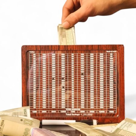 Fiddlys Wooden Money Piggy Bank for 2 3 4 5 6 Years Kids, Savings Challenge Box, Cashbox,Educational Gift for Kids (Rs 1,00,000) product photo