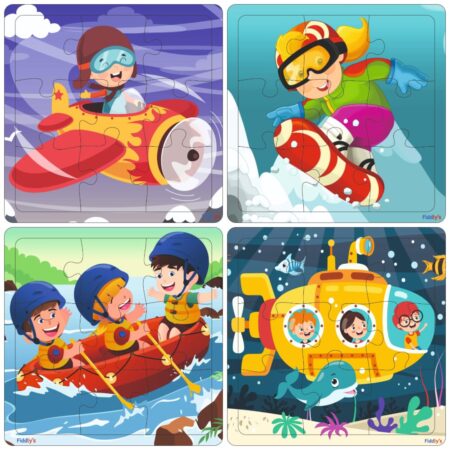Fiddlys Wooden Jigsaw Puzzles for Kids & Children – 9 Pieces Each | Double Layered Puzzles with Bright Front & Back Print | product photo